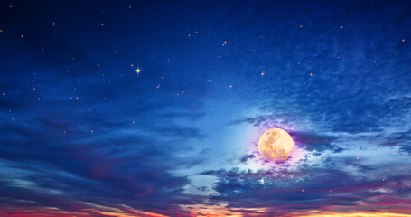 Wall Mural - Blue abstract sky background with stars and full moon.