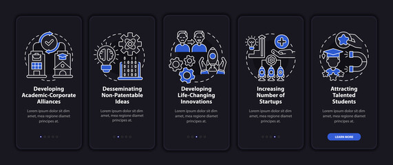 Tech transfer pros onboarding mobile app page screen. Innovative inventions walkthrough 5 steps graphic instructions with concepts. UI, UX, GUI vector template with linear night mode illustrations