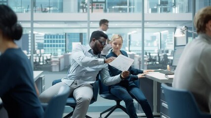 Poster - Diverse Team of Managers Working and Having Discussions in Modern Big City Office. Colleagues Work on New Business Opportunities, Evaluate Financial Reports, Plan Investment Strategy.