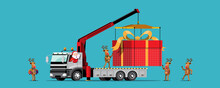 Reindeer And Santa Bring A Giant Gift Box Truck To The Recipient.
