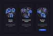 © IMG visuals icons - Social entrepreneurship success dark onboarding mobile app page screen. Walkthrough 5 steps graphic instructions with concepts. UI, UX, GUI vector template with linear night mode illustrations
