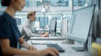 Leinwandbilder - Big Diverse Corporate Office: Portrait of Handsome Manager Using Desktop Computer, Businessman Managing Company Operations, Analysing Statistics, Commerce Data, Marketing Plans. Zoom In Shift Focus.