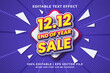 Editable text effect - 12.12 Sale 3d template style premium vector