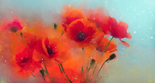 Image Of Watercolor Poppies With Decisive And Splashes Paint On Blue Background