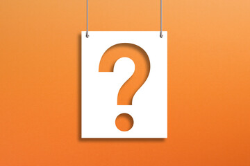 Wall Mural - question mark on paper hanging with rope on orange background