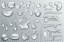 Water Drop Set, Liquid Transparent Droplet Vector Illustration Set. 3d Realistic Dew Or Rain, Condensation Clear Bubbles On Wet Surface, Macro Closeup Of Shiny Raindrops, Environment Object Collection