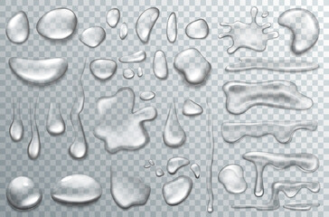 water drop set, liquid transparent droplet vector illustration set. 3d realistic dew or rain, conden