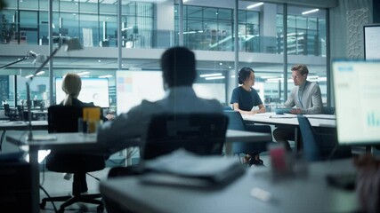 Wall Mural - Diverse Team of Managers Working and Having Discussions in Modern Big City Office. Colleagues Work on New Business Opportunities, CEO Having Meeting with Employee, Talking About Investing in Future.