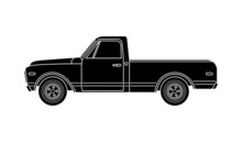 Black Silhouette Large Old Retro Pickup Truck On White Background. Vector Flat Vintage Transport Suv Car