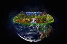 Planet Earth With Garden Of Eden Concept Floating In Space. Elements Of This Image Used With Permission From NASA Imagery.