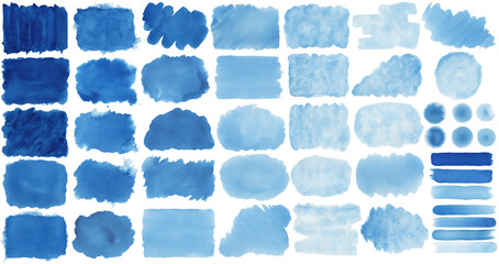 Collection of hand-made blue watercolor painted brushes, smears, blobs, stains, circles, stripes, stickers, spot, blots, slick, web buttons, patch backgrounds creative decorative elements Isolated