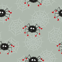 Wall Mural - Cute spiders and spider webs seamless pattern. Halloween vector illustration for kids