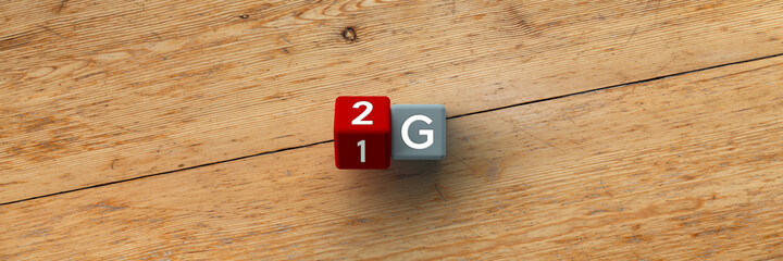 Wall Mural - 3d render dices with 2 and 1 g + corona rules on a wooden background