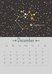 Wall Mural - Vector vertical December 2022 calendar with golden zodiac constellation and stars on a black background. A3, A2 poster with horoscope sagittarius sign. Planner with illustration and dates of one month