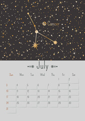 Wall Mural - Vector vertical July 2022 calendar with golden zodiac constellation and stars on a black background. A3, A2 poster with horoscope cancer sign. Planner with linear illustration and dates of one month