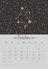 Wall Mural - Vector vertical October 2022 calendar with golden zodiac constellation and stars on a black background. A3, A2 poster with horoscope libra sign. Planner with illustration and dates of one month