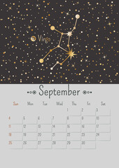 Wall Mural - Vector vertical September 2022 calendar with golden zodiac constellation and stars on a black background. A3, A2 poster with horoscope virgo sign. Planner with illustration and dates of one month