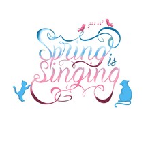 Spring Script "spring Is Singing", With Curls, Birds And Cats. The Monogram Is Pink And Blue. For Decorating Postcards, Posters. Isolated Image On A White Background