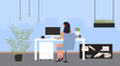 Businesswoman working in modern office interior, back view vector illustration. Cartoon woman employee character sitting at computer to work, workplace with desk, green plants, shelves background