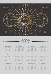 Wall Mural - vector vertical year 2022 calendar with magical ornate golden sun and crescents with sleeping faces,