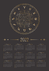 Wall Mural - Vector vertical year 2022 calendar with ornate golden zodiac circle and astronomical symbols on a black background. A3, A2 poster with horoscope constellations. Placard with a linear illustration