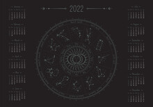 Vector Mystical Horizontal Calendar For 2022 With Ornate Zodiac Circle On A Black Background. A3, A2 Poster With Illustration Of Horoscope Constellations And Magical Sun With A Sleeping Face In Center