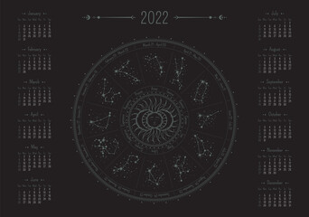 Wall Mural - Vector mystical horizontal calendar for 2022 with ornate zodiac circle on a black background. A3, A2 poster with illustration of horoscope constellations and magical sun with a sleeping face in center