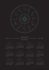 Wall Mural - Vector vertical calendar for 2022 with ornate zodiac circle on a black background. A3, A2 poster with horoscope constellations in dark colors. Placard with a linear illustration