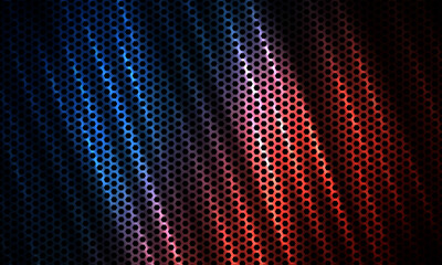 Wall Mural - Dark hexagon tech colorful sport background with carbon fiber. Technology honeycomb abstract vector background with red and blue colored bright flashes. Hexagonal gaming background.