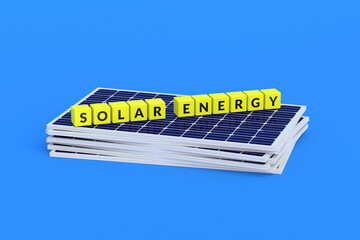 Wall Mural - Heap of solar panels on blue background. Global ecological trend. Green, alternative form of energy. Cheap electrics. Modern technology. 3d render