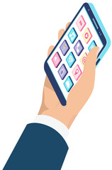 Man holding smartphone with mobile applications on screen in his hand. Programming, software development, apps for electonic device. Development of new application, program template for phone