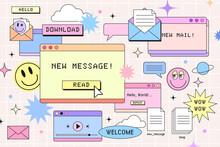 New Message Notification Web Banner Template In Retro Computer Browser Interface Style. 90s Style Design For Mail Marketing. Window Tab With New Message, Vintage Browser Dialog Tab And Smile Stickers