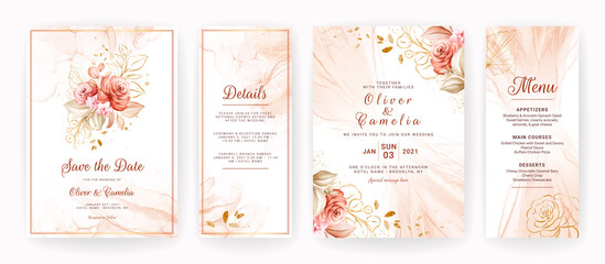 Wall Mural - Gold wedding invitation card template set with line floral decoration. Abstract background save the date, invitation, greeting card, multi-purpose vector