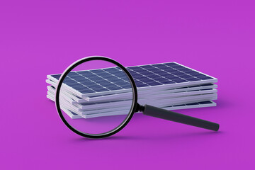 Wall Mural - Heap of solar panels near magnifier. Research of photovoltaic elements. Discovery of new types of alternative energy. Scientific developments for environmental protection. 3d render