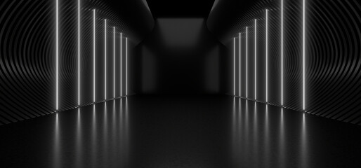 Wall Mural - a dark tunnel lit by white neon lights. reflections on the floor and walls. 3d rendering image.