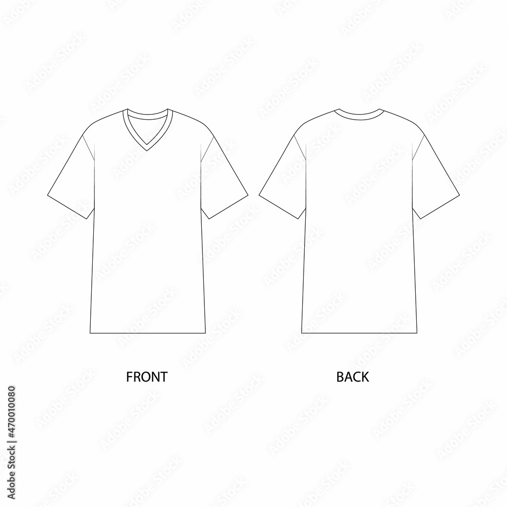 White t shirt design template. V neck t shirt technical sketch. T-shirt  vector drawing. Stock Vector | Adobe Stock, image size:1000x1000