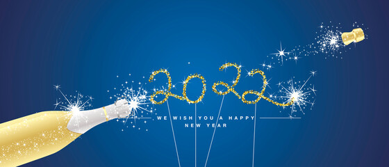 We wish you Happy New Year 2022 eve handwritten tipography golden glitter stars white sparkler fireworks open champagne bottle blue background greeting card