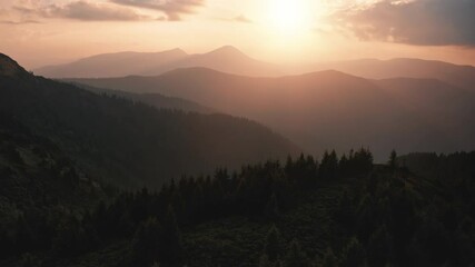 Wall Mural - Majestic sunset or sunrise landscape in high mountains. Sunrise over mountain range silhouette, pine tree forest on highland hills. Bright colorful sky in background. Beautiful wild aerial landscape