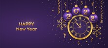 Happy New Year 2022. Hanging Purple Christmas Bauble Balls With Realistic Gold Numbers 2022 And Snowflakes. Watch With Roman Numeral And Countdown Midnight, Eve For New Year. Merry Christmas. Vector.