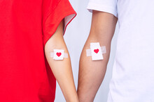 Blood Donation. Blood Donors With Bandage After Giving Blood