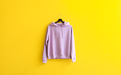Modern hoodie hanging on color wall