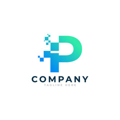 Wall Mural - Tech Letter P Logo. Blue and Green Geometric Shape with Square Pixel Dots. Usable for Business and Technology Logos. Design Ideas Template Element.