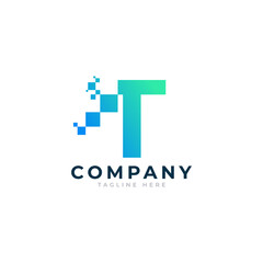 Wall Mural - Tech Letter T Logo. Blue and Green Geometric Shape with Square Pixel Dots. Usable for Business and Technology Logos. Design Ideas Template Element.