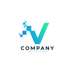 Wall Mural - Tech Letter V Logo. Blue and Green Geometric Shape with Square Pixel Dots. Usable for Business and Technology Logos. Design Ideas Template Element.