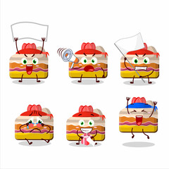 Wall Mural - Mascot design style of slice of strawberry pudding cake character as an attractive supporter