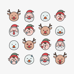 Sticker - Santa, Rudolph reindeer, elf and snowman emoticon set isolated on white background vector