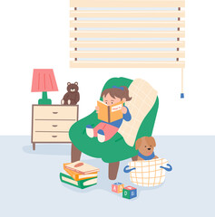 Poster - Cute little girl is sitting on the sofa and reading a book. flat design style vector illustration.