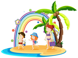 Wall Mural - Rainbow on the island with family on vacation