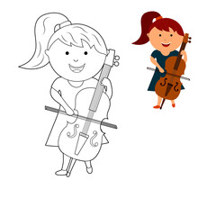 Coloring Book For Children. Color It According To The Drawing. Cute Cartoon Girl Playing Cello Vector Isolated On White Background