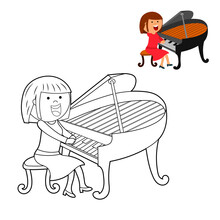 Coloring Book For Children. Color It According To The Drawing. Cute Cartoon Girl Playing The Piano. Vector